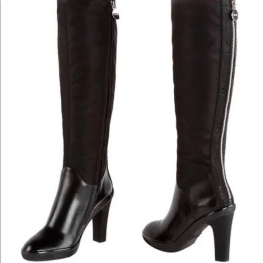 Geox Respira Black Leather And Fabric Heeled Knee High Tall Boots Zip 39.5 9.4
